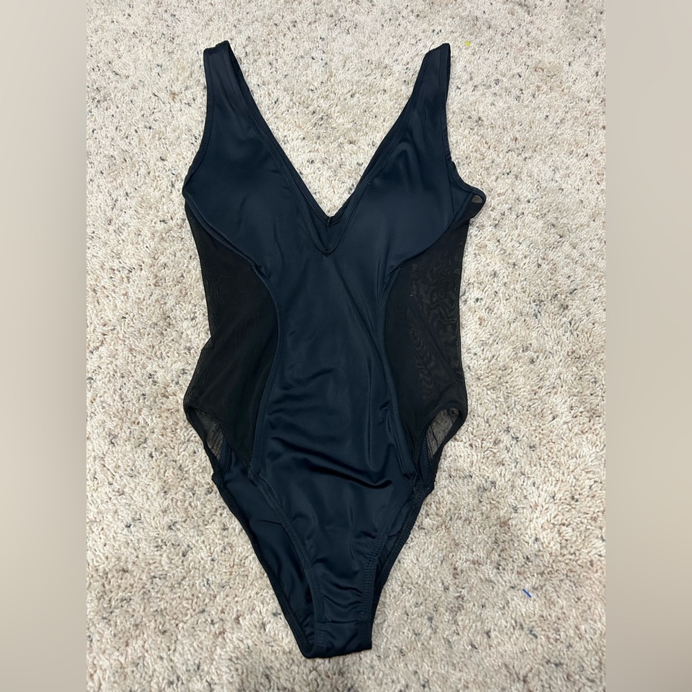 Windsor Black Low Cut Mesh Accent Bodysuit size S